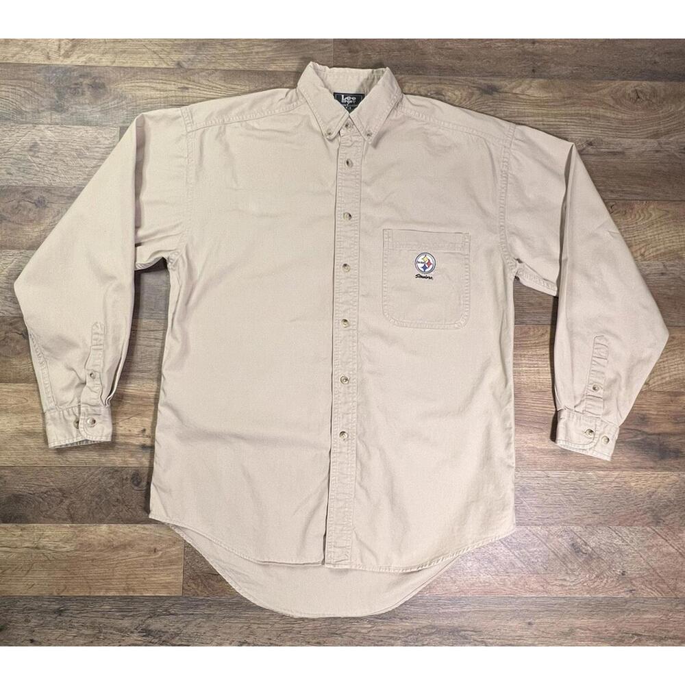 Vintage Lee Sports Pittsburgh Steelers Logo Embroidered Khaki Button Up Shirt M.